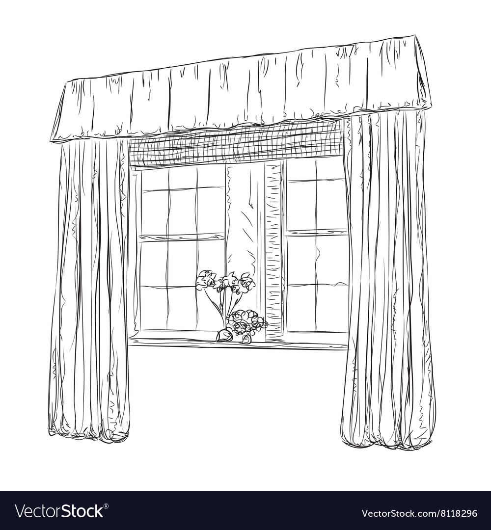 Hand Drawn Windows Sketch Curtains Royalty Free Vector Image Draw the curtains back to open them. vectorstock