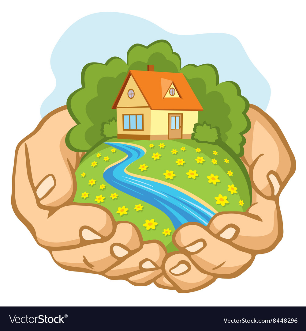 Hands holding a piece of land with house