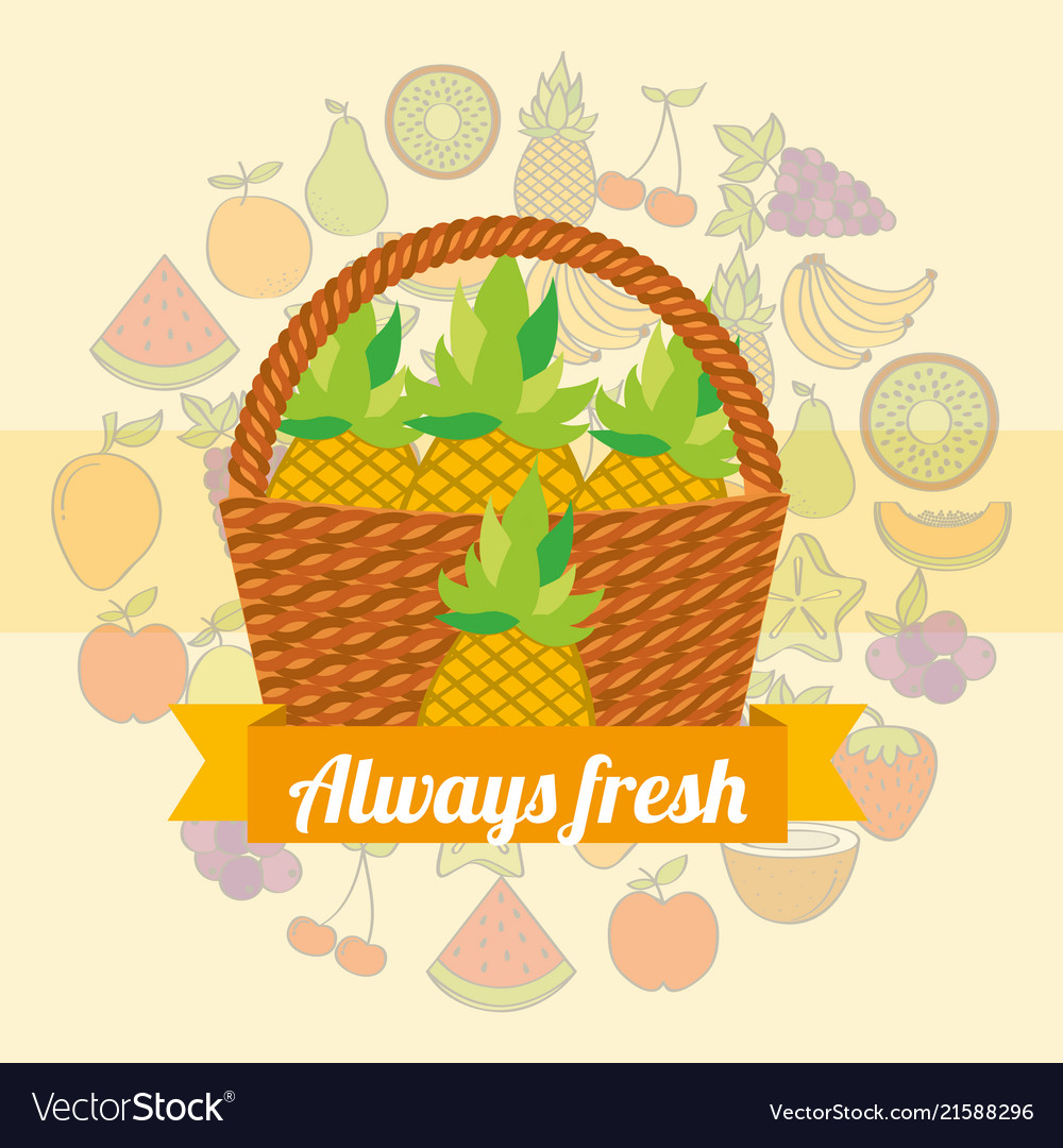 Label wicker basket with always fresh pineapple