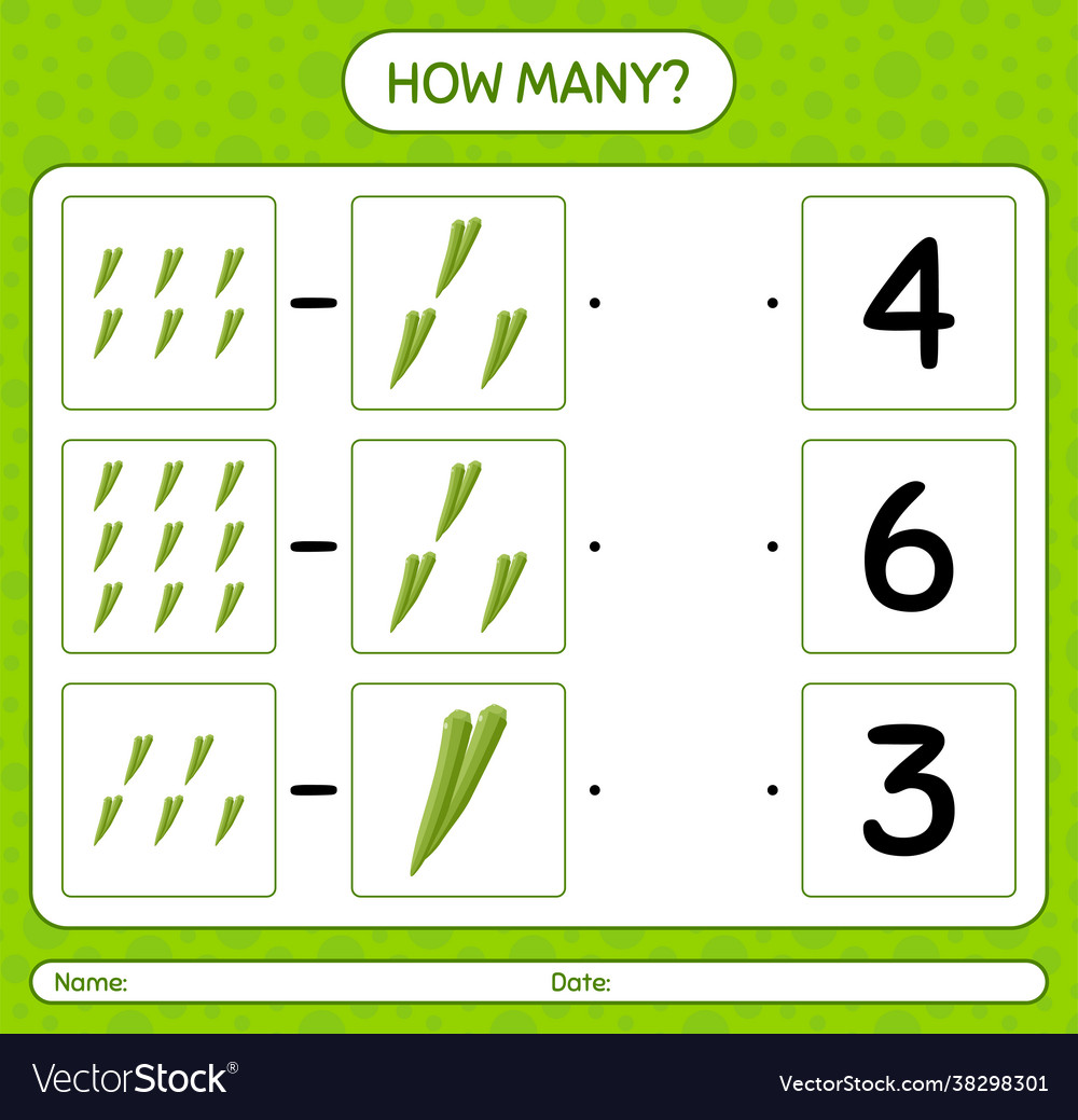 How many counting game with okra worksheet vector image How many counting game with okra worksheet
