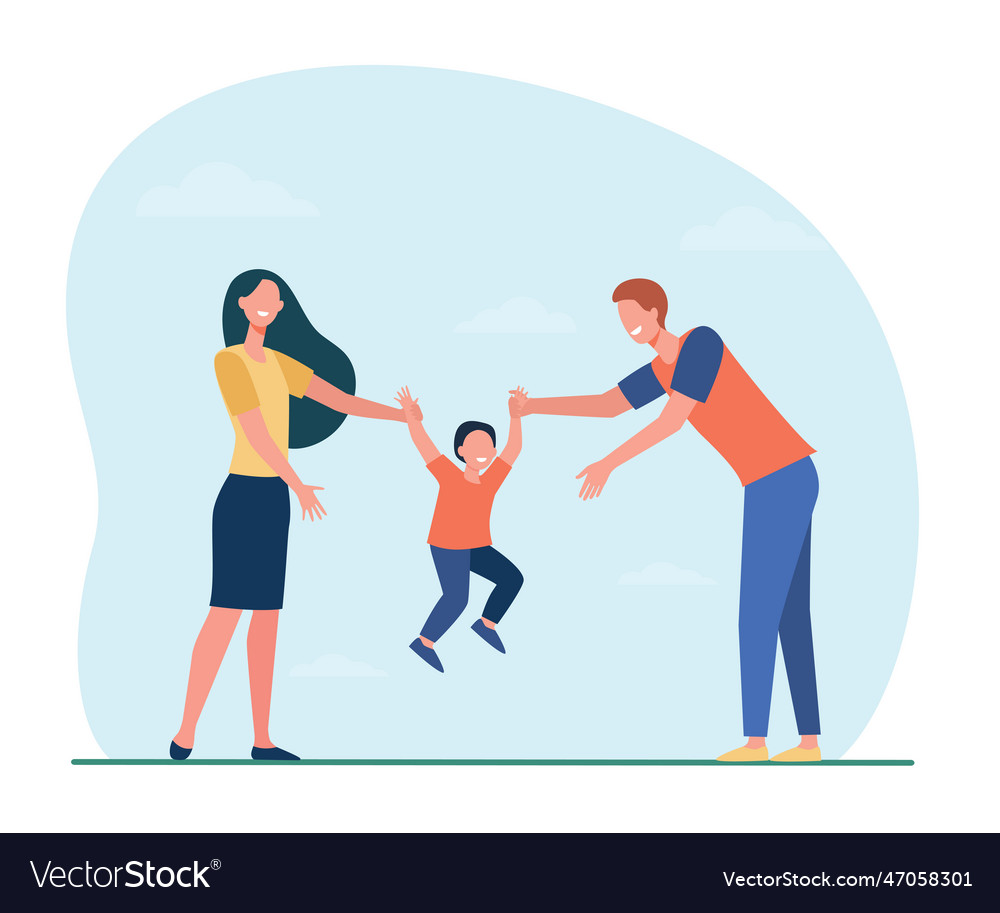 Mom and dad holding kids hands lifting boy vector image Mom and dad holding kids hands lifting boy