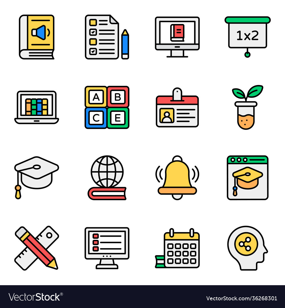 Pack education icons in flat outline style