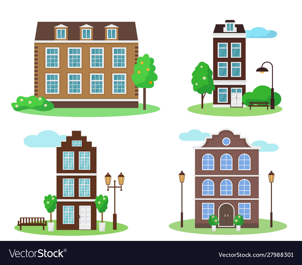 Set old style houses with trees and benches