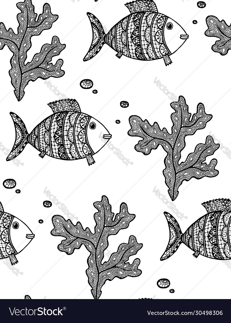 Background with sketch algae and fishes vector image Background with sketch algae and fishes