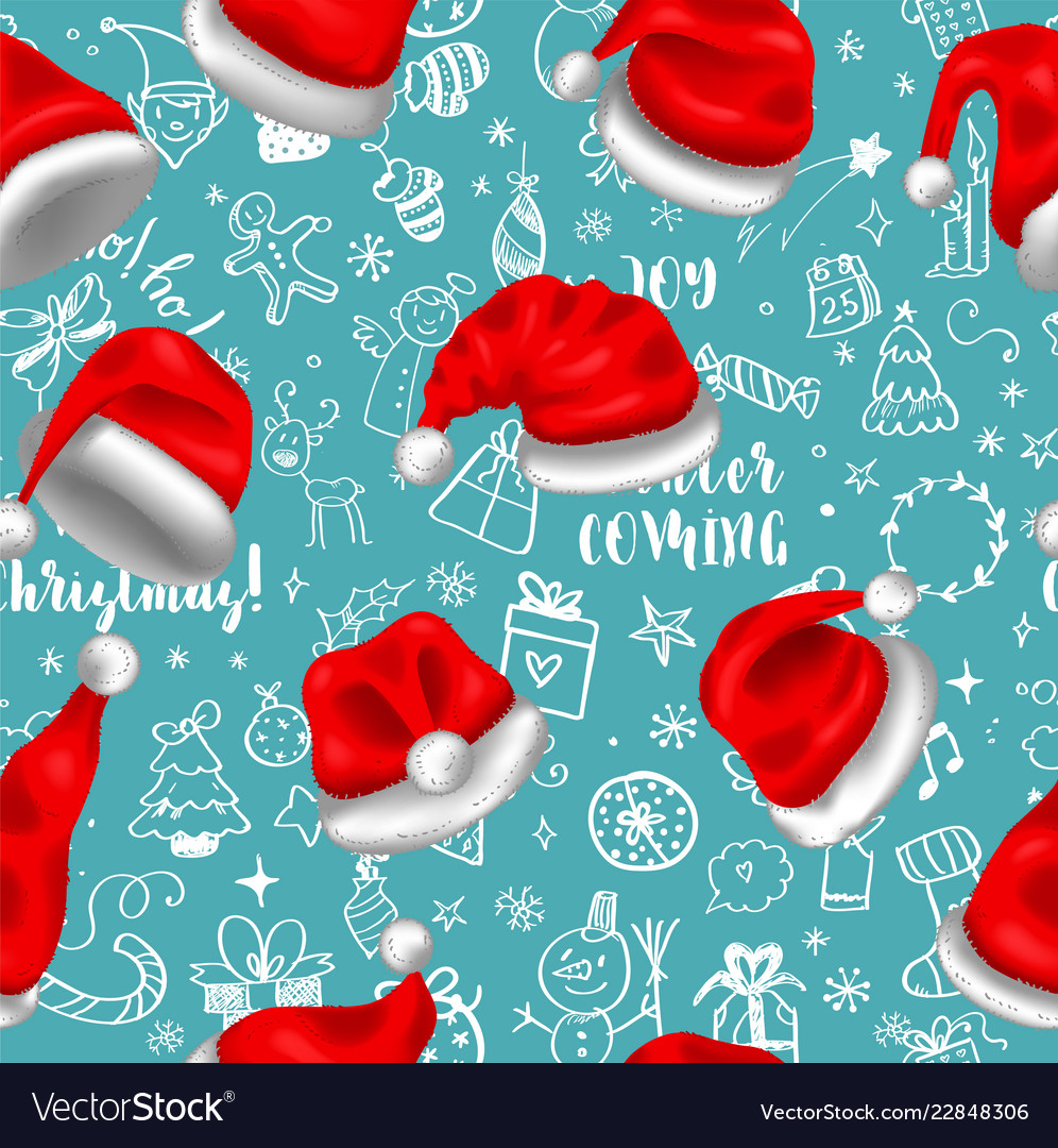 Colorful seamless pattern with red santa hats