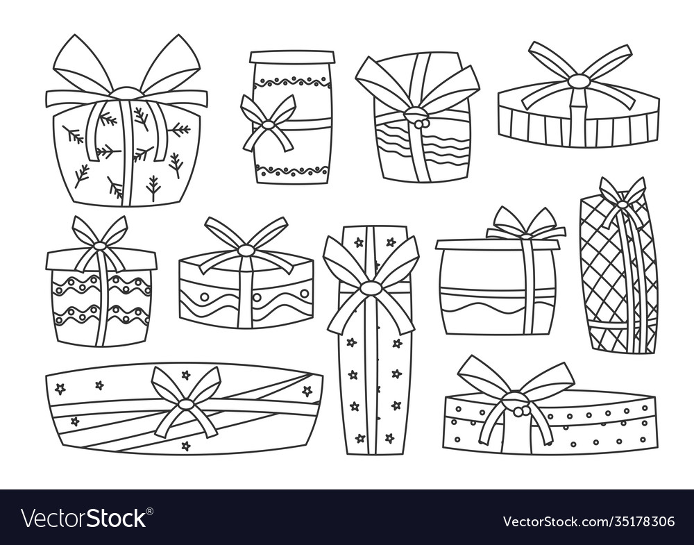 Gift outline boxes present ribbon bows set