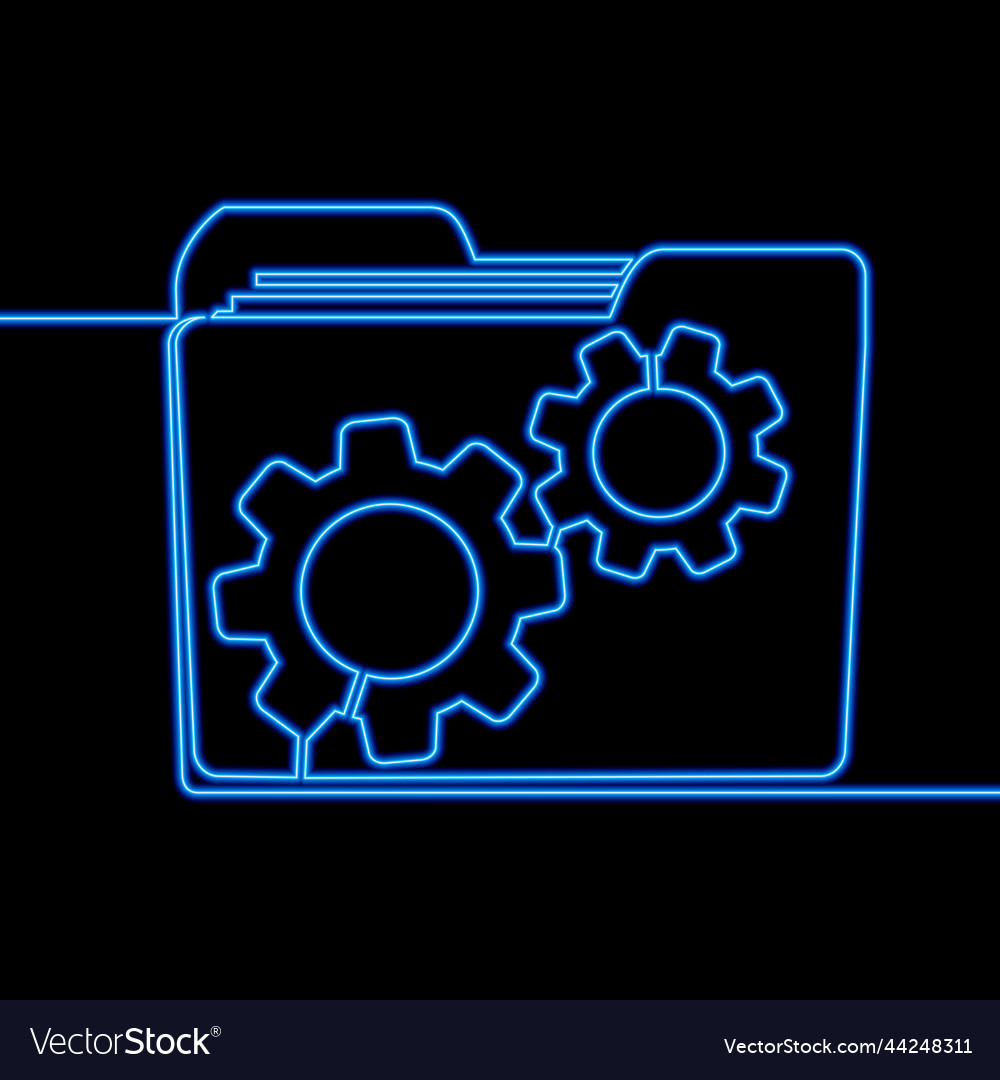 Continuous line folder with cogwheel neon concept vector image Continuous line folder with cogwheel neon concept