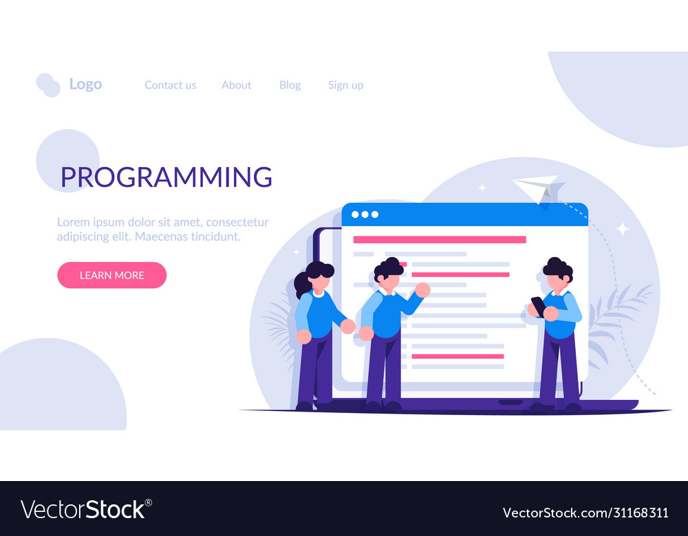 Programmers discuss code on laptop screen vector image Programmers discuss code on laptop screen