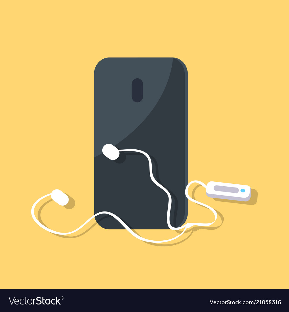 Black smartphone with earphones isolated on yellow