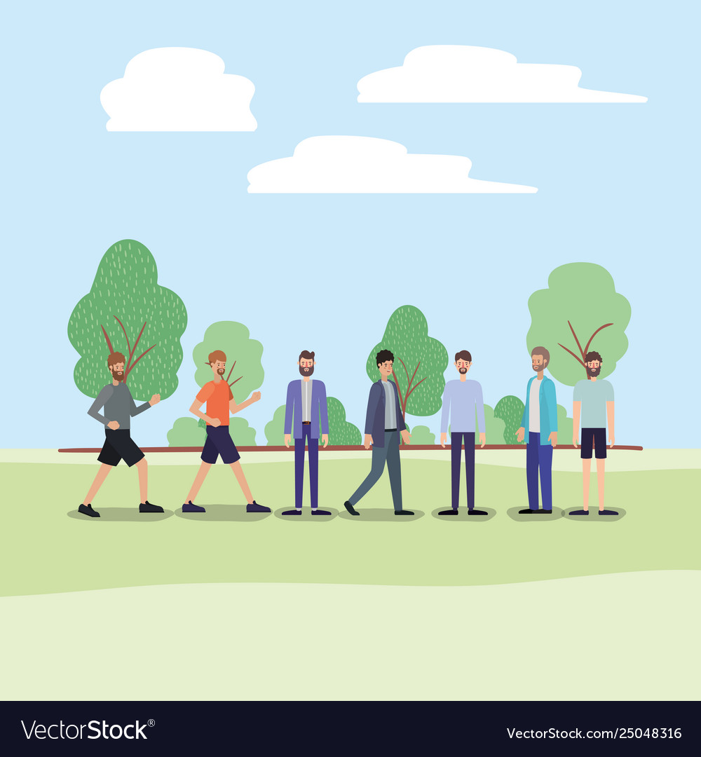 Group men walking on park characters Royalty Free Vector