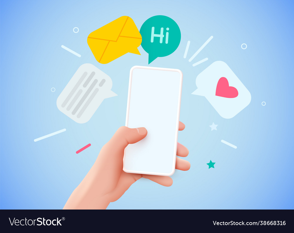 Hand holding phone with messages communication vector image Hand holding phone with messages communication