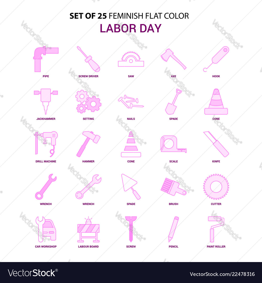 Set of 25 feminish labor day flat color pink icon