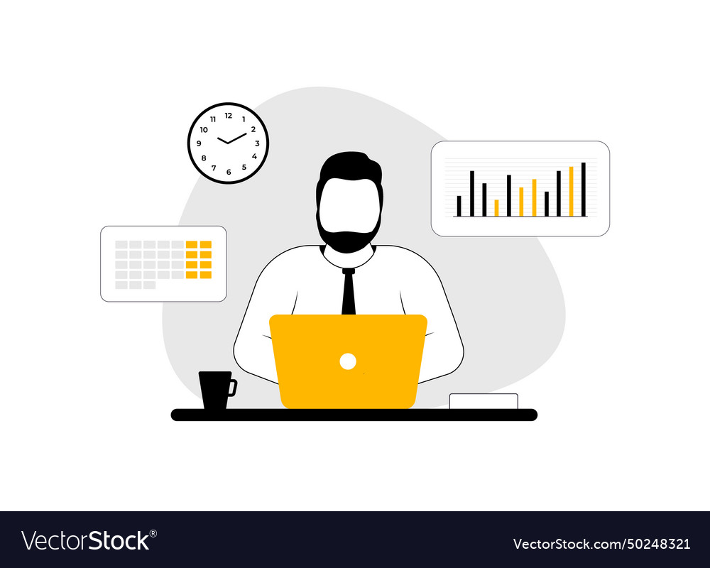 Business analyst uses computer and dashboard vector image Business analyst uses computer and dashboard
