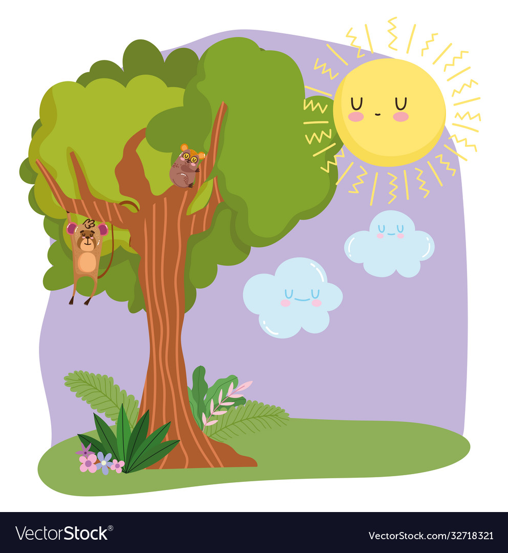 Cute animals monkey hanging branch tree grass Vector Image Cute animals monkey hanging branch tree grass Vector Image