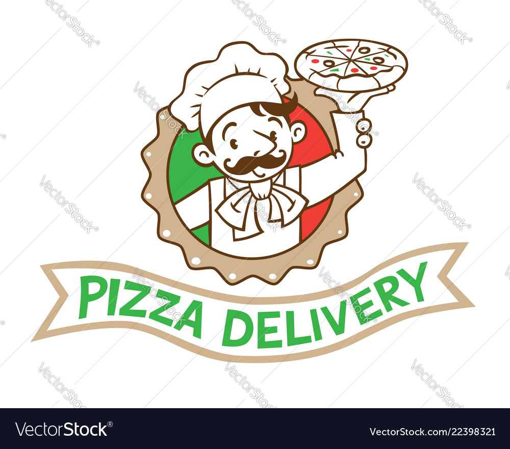 Emblem of funny cook or baker with pizza and logo