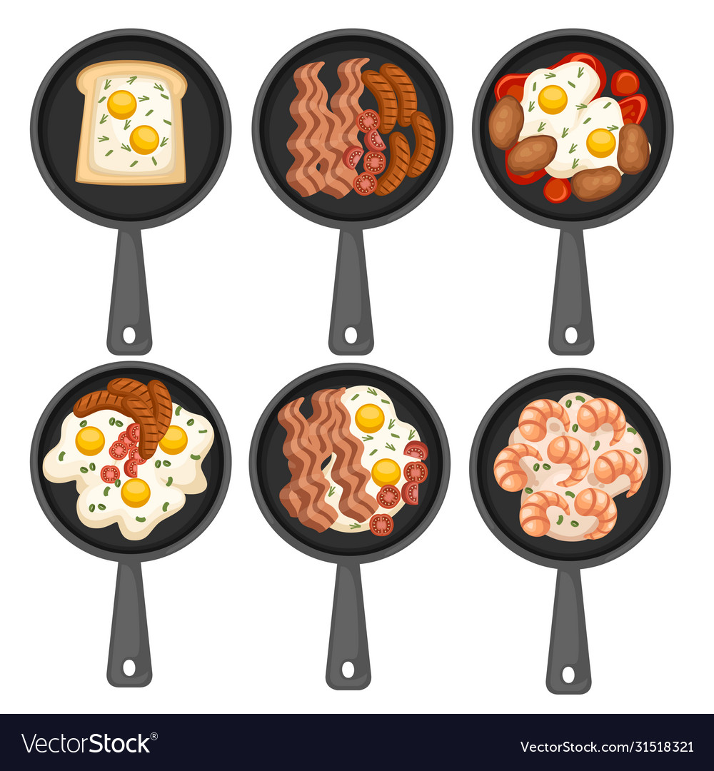 Food in a skillet fried breakfast on pan set Vector Image