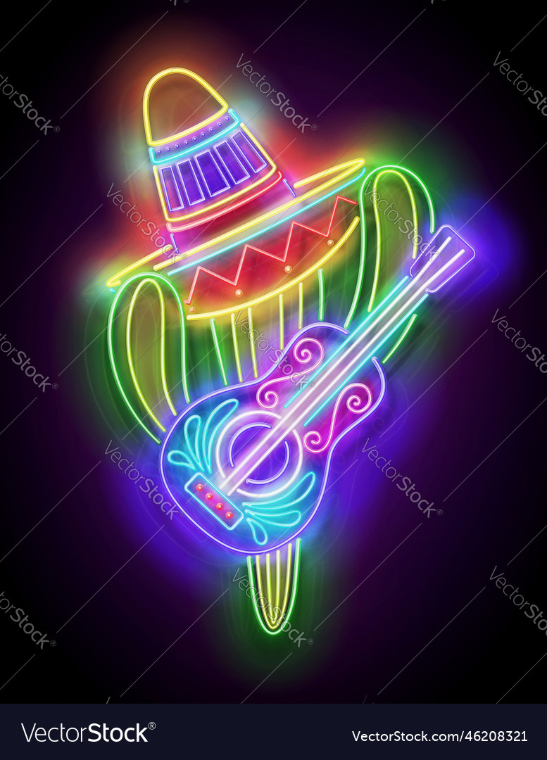 Glow mexican cactus in sombrero with guitar