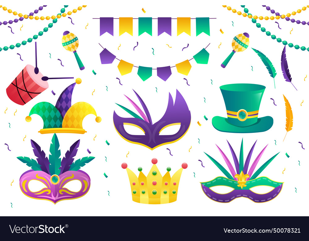 Gradient mardi gras festival elements collection vector image Gradient mardi gras festival elements collection
