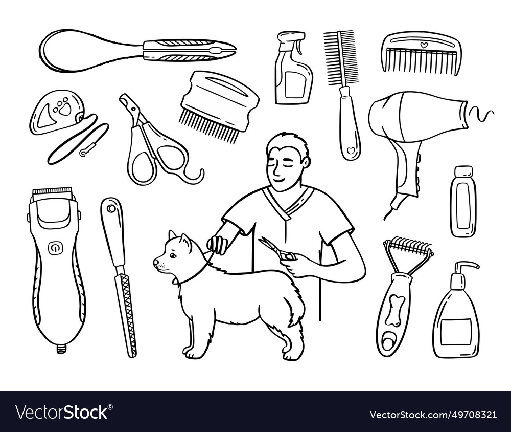 Pet grooming set salon for animals doodle style