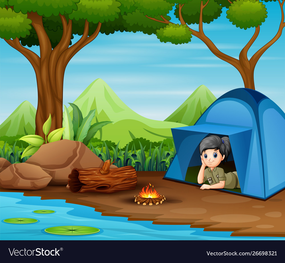 Scout girl in blue tent and see view around hi Vector Image