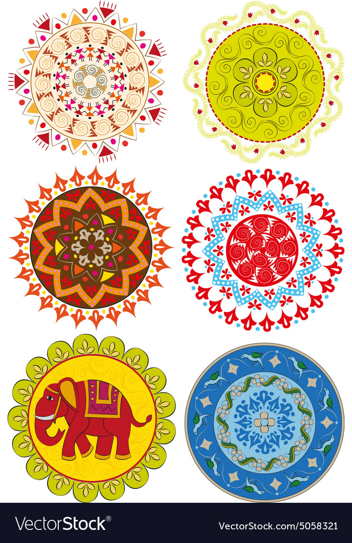 Set of colored indian mandalas and patterns