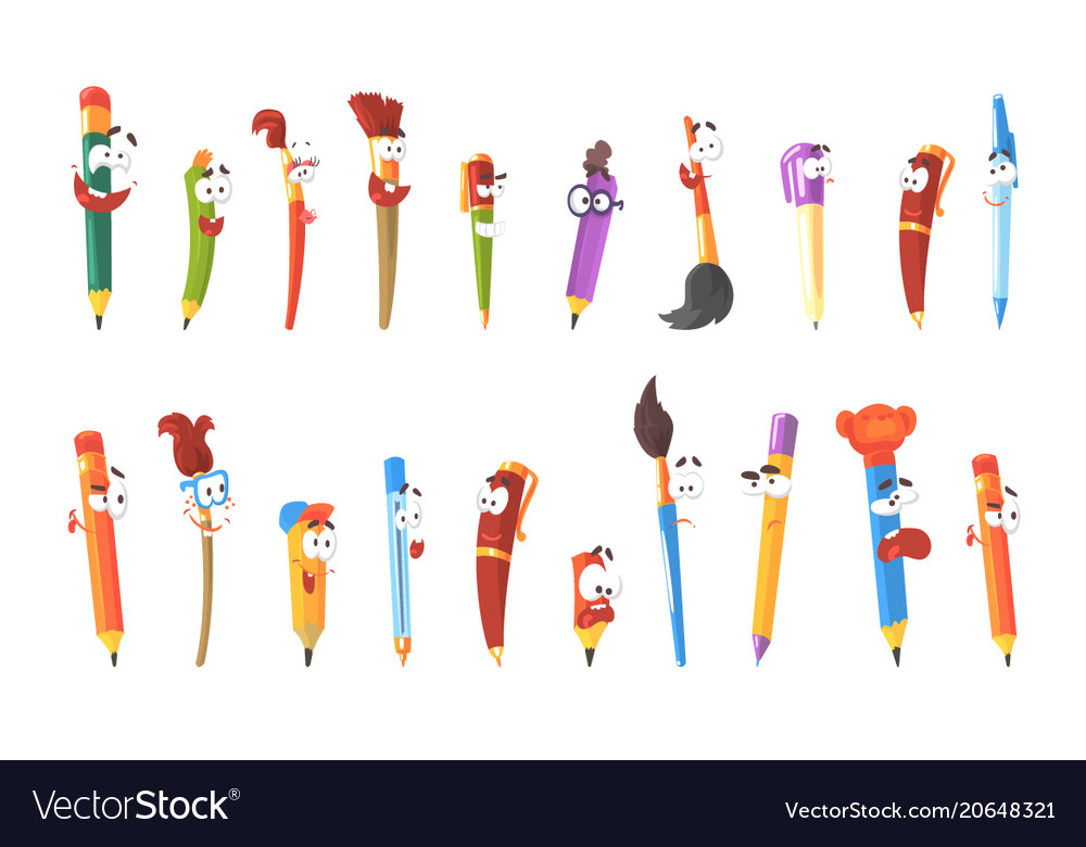Smiling pen pencils and brushes set of animated Vector Image