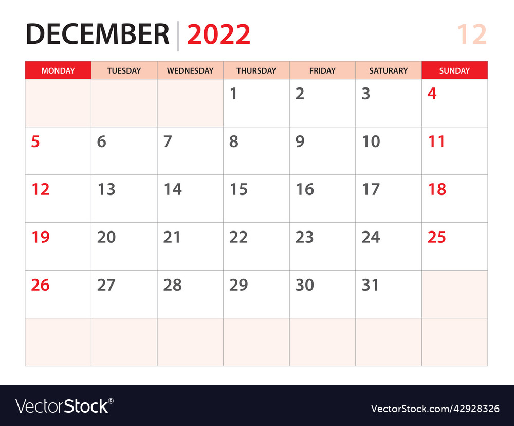 Calendar planner 2022 - december 2022 template Vector Image