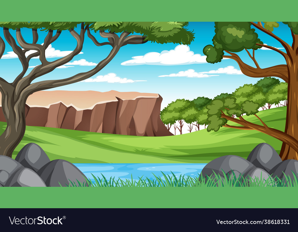 Forest scene with various trees and cliff Vector Image