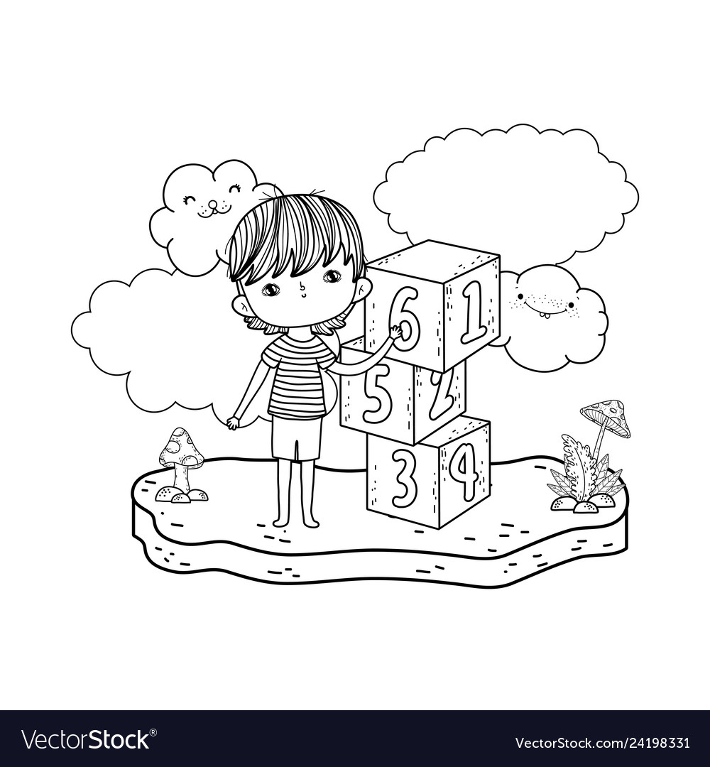 Little boy with blocks numbers in the field Vector Image