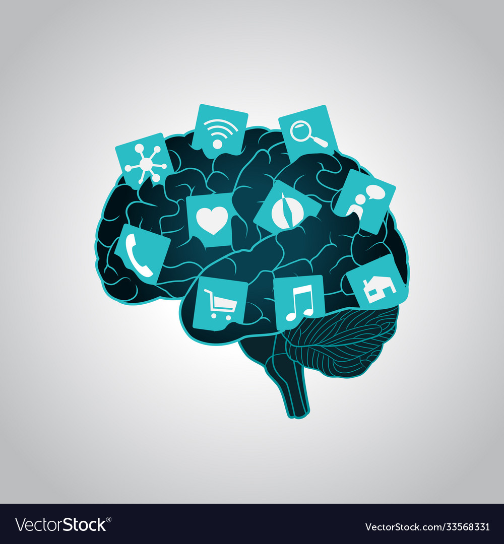 Mobile apps installed into brain replacing vector image Mobile apps installed into brain replacing