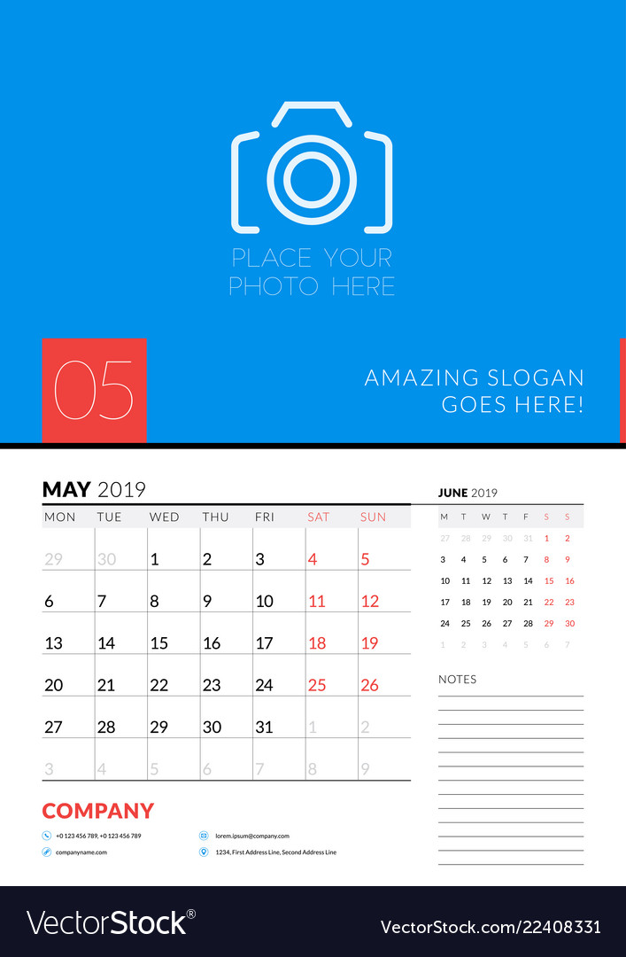 Wandkalender Planer Vorlage für Mai 2019 Woche vector image Wandkalender Planer Vorlage für Mai 2019 Woche