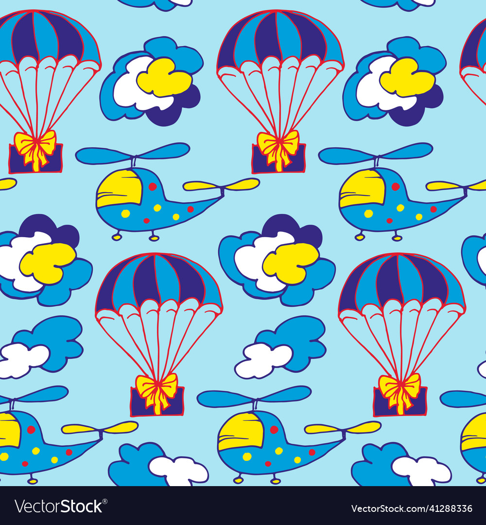 Children seamless pattern helicopters and parac