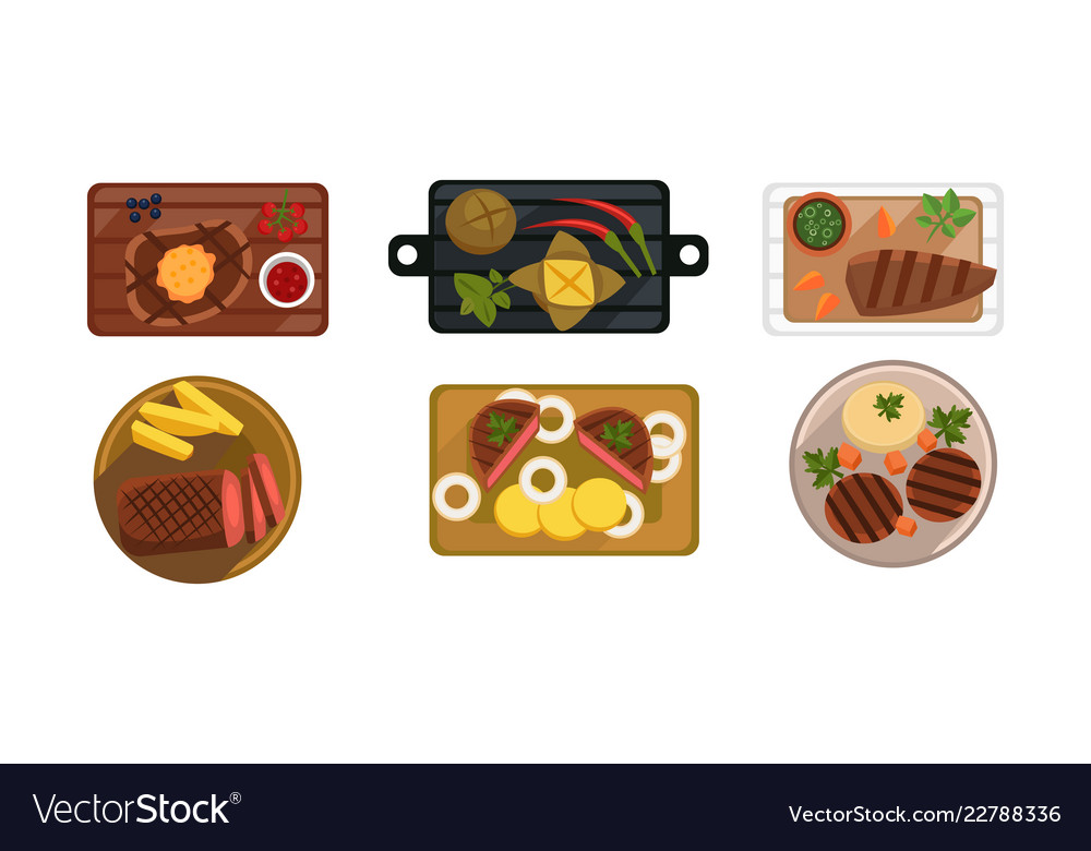 Collection of served food dishes cooking Vector Image