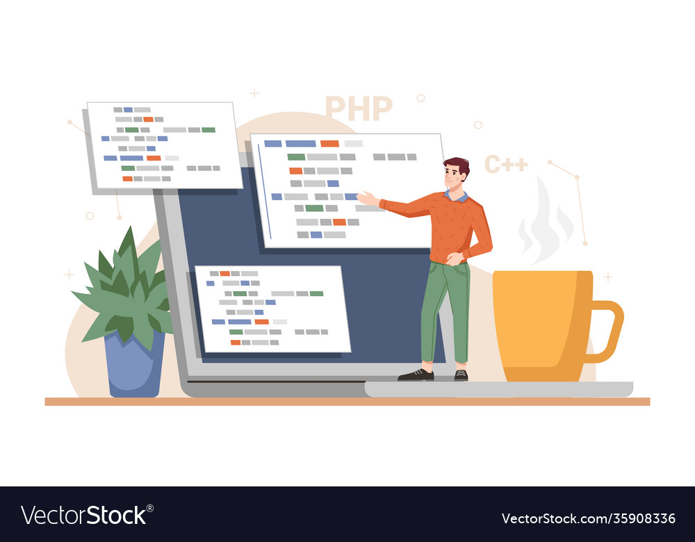 Programming man developing and presents sites Vector Image