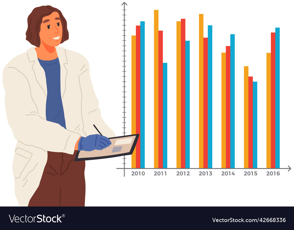 Scientist works with data analytics and research vector image Scientist works with data analytics and research