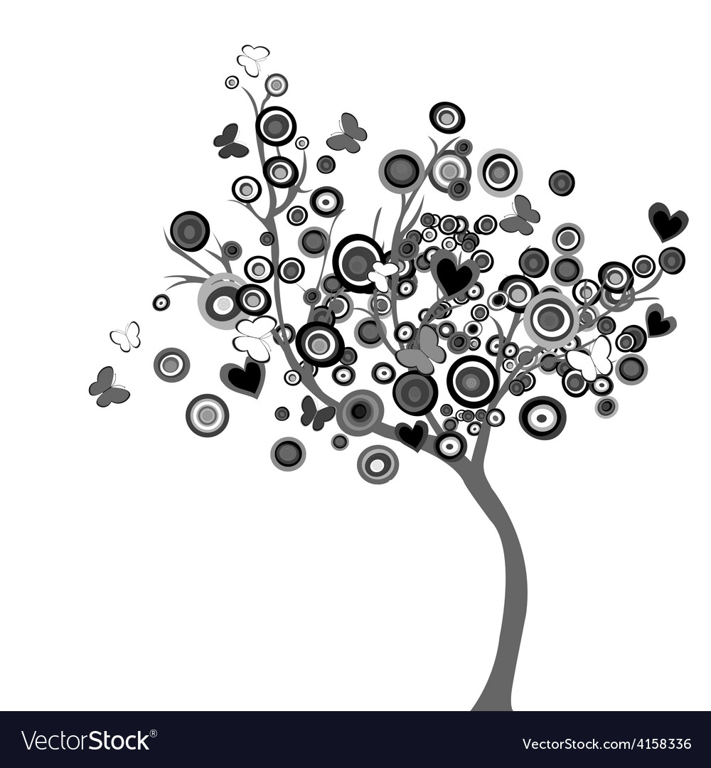 Stylized black tree with circles and butterflies