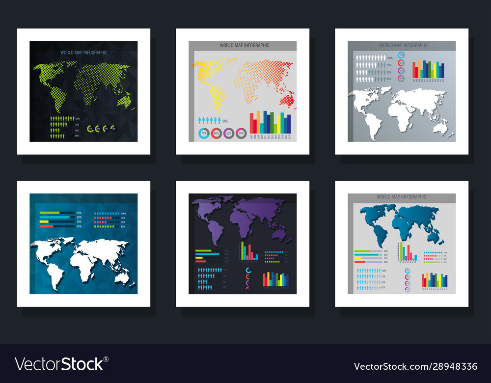 Workflows with world map set design vector image Workflows with world map set design