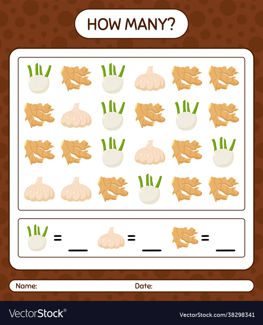 How many counting game with vegetables worksheet vector image How many counting game with vegetables worksheet
