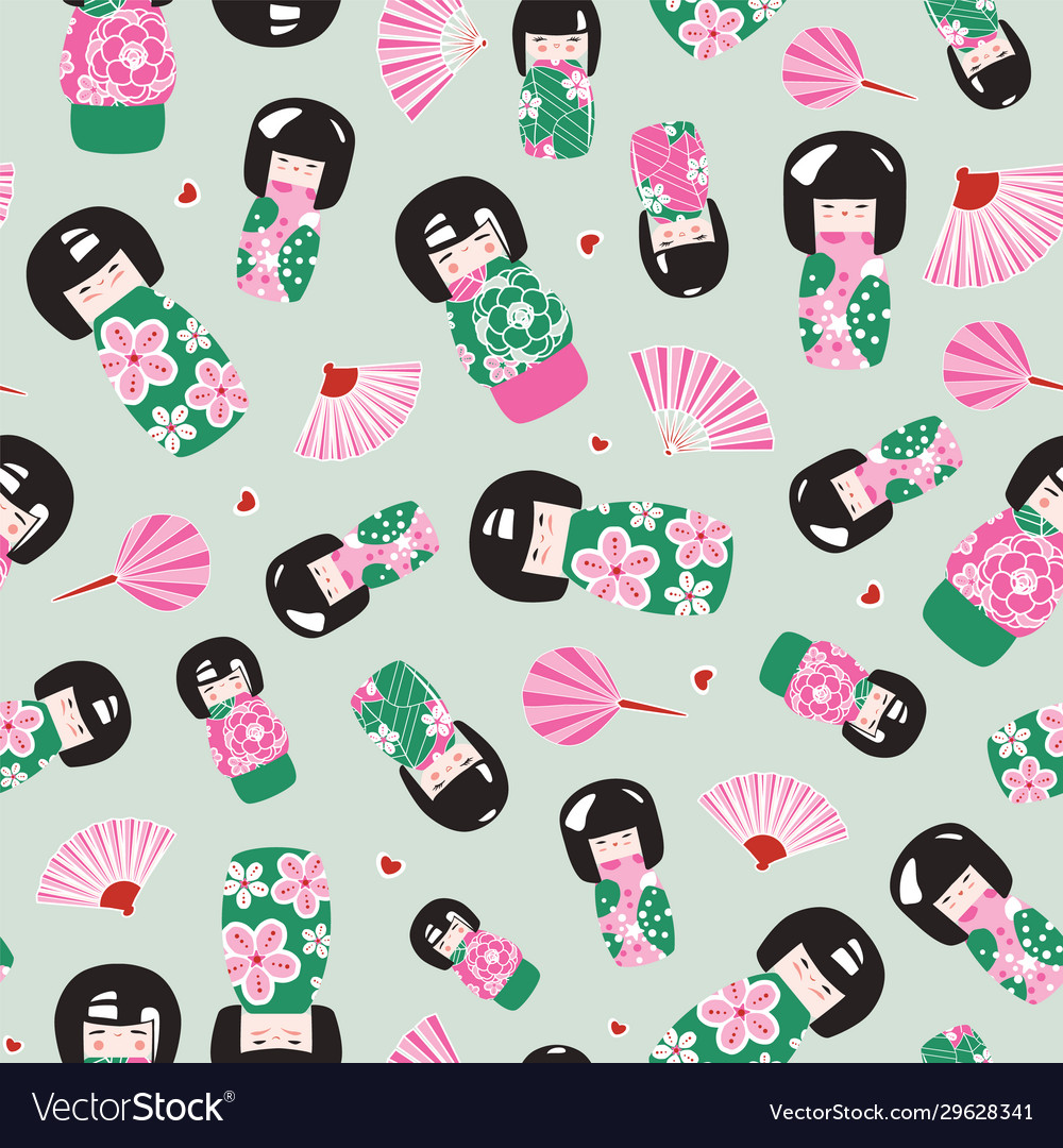 Japanese kokeshi dolls and folding fans seamless Vector Image