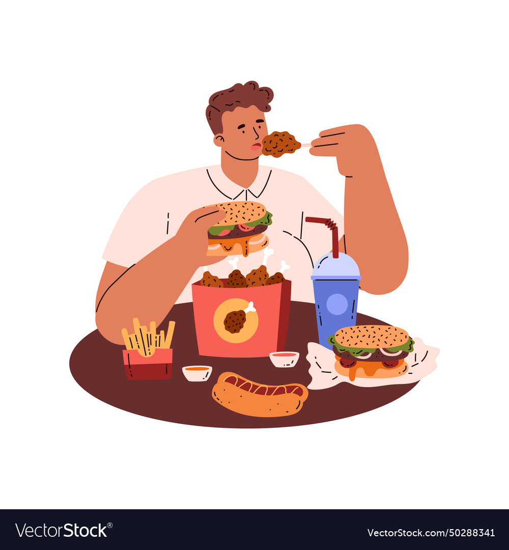 Man with eating disorder eats fast food flat Vector Image