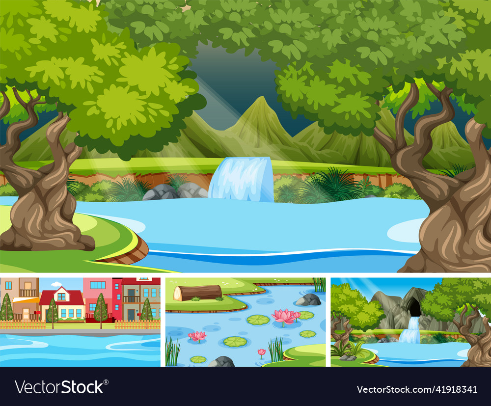 Nature scene with many trees and waterfall Vector Image Nature scene with many trees and waterfall