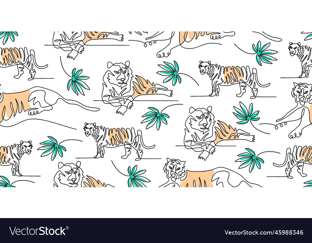 Continuous one line of tiger isolated on seamless