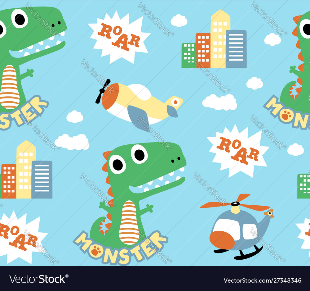 Seamless pattern monster cartoon buildings