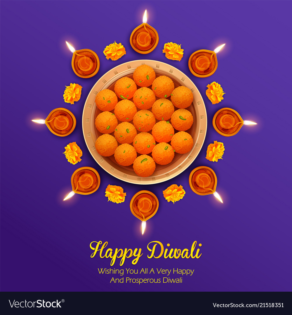 Burning Diya With Assorted Sweet And Snack Vector Image