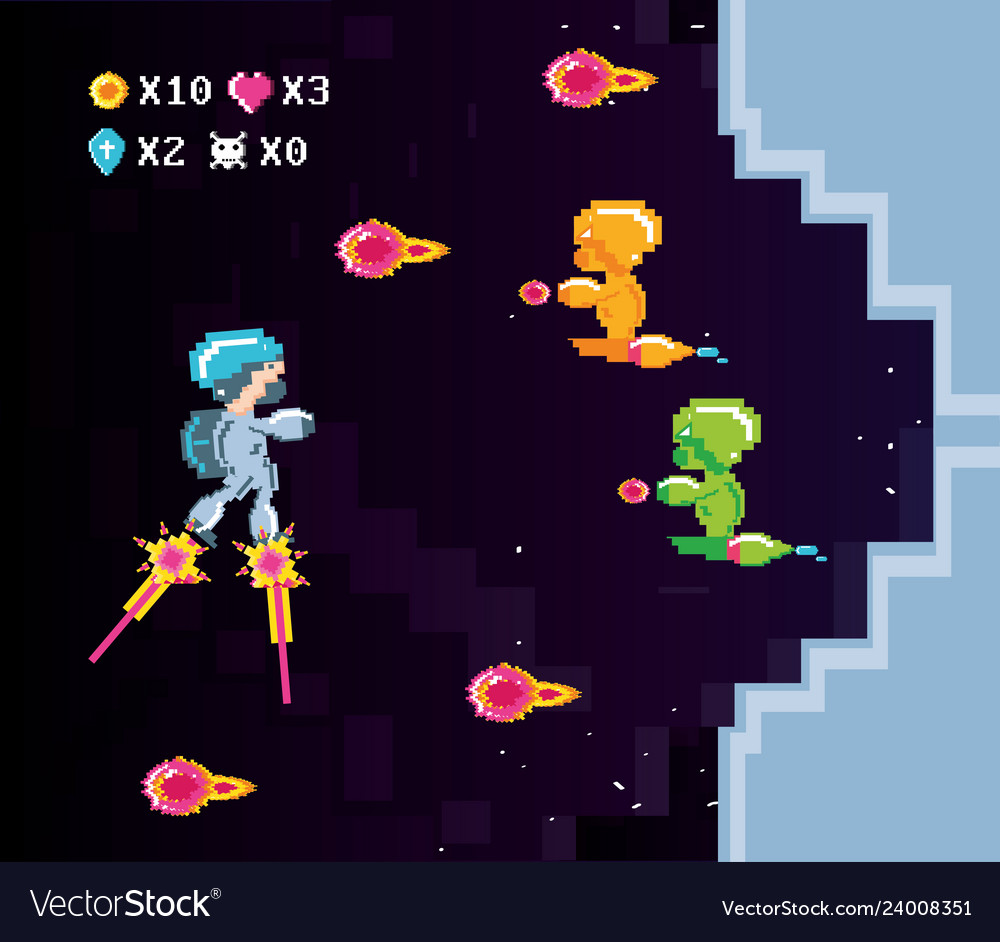 Classic video game scene with warriors fight Vector Image