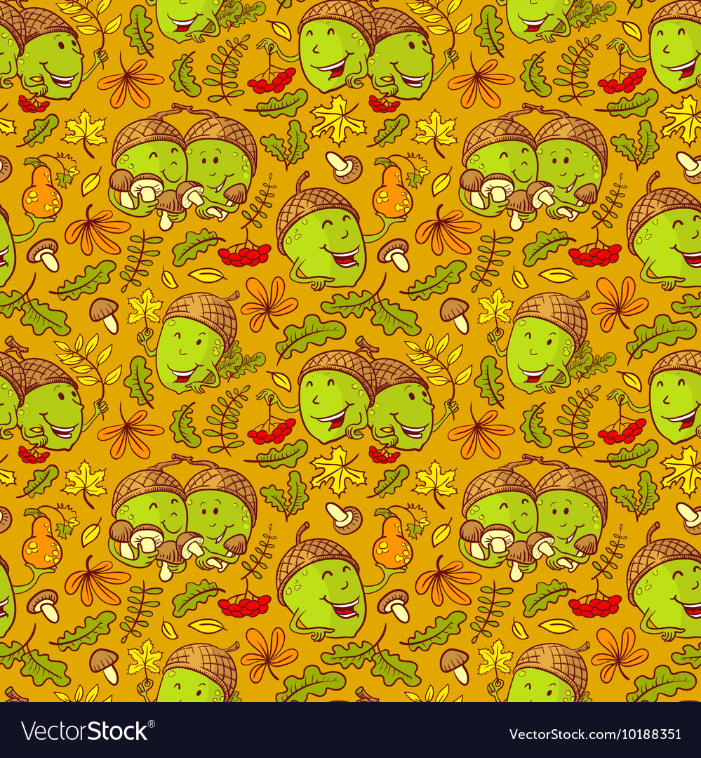 Fall season seamless pattern with smiling acorn