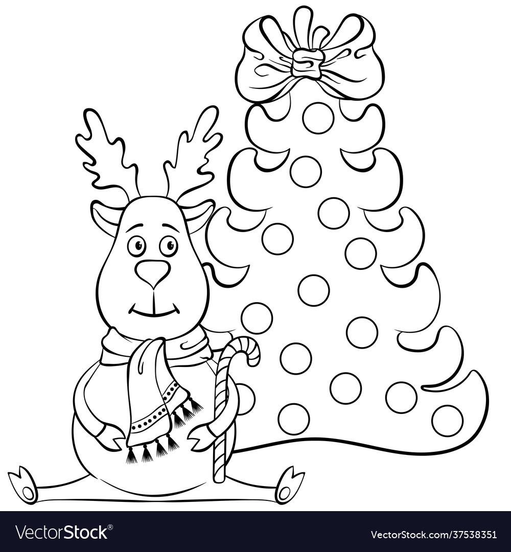 Sitting deer near christmas tree vector image Sitting deer near christmas tree