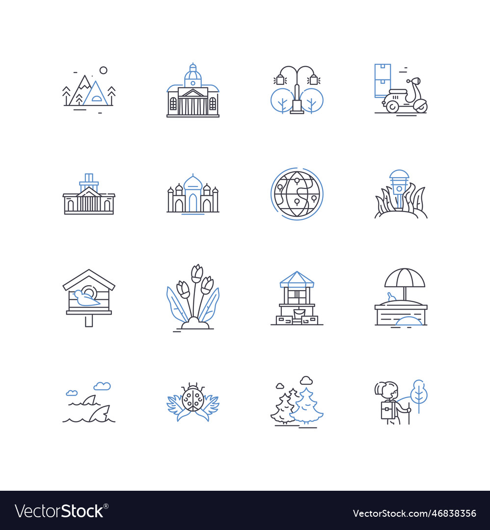 Beachfront piers line icons collection oceanfront