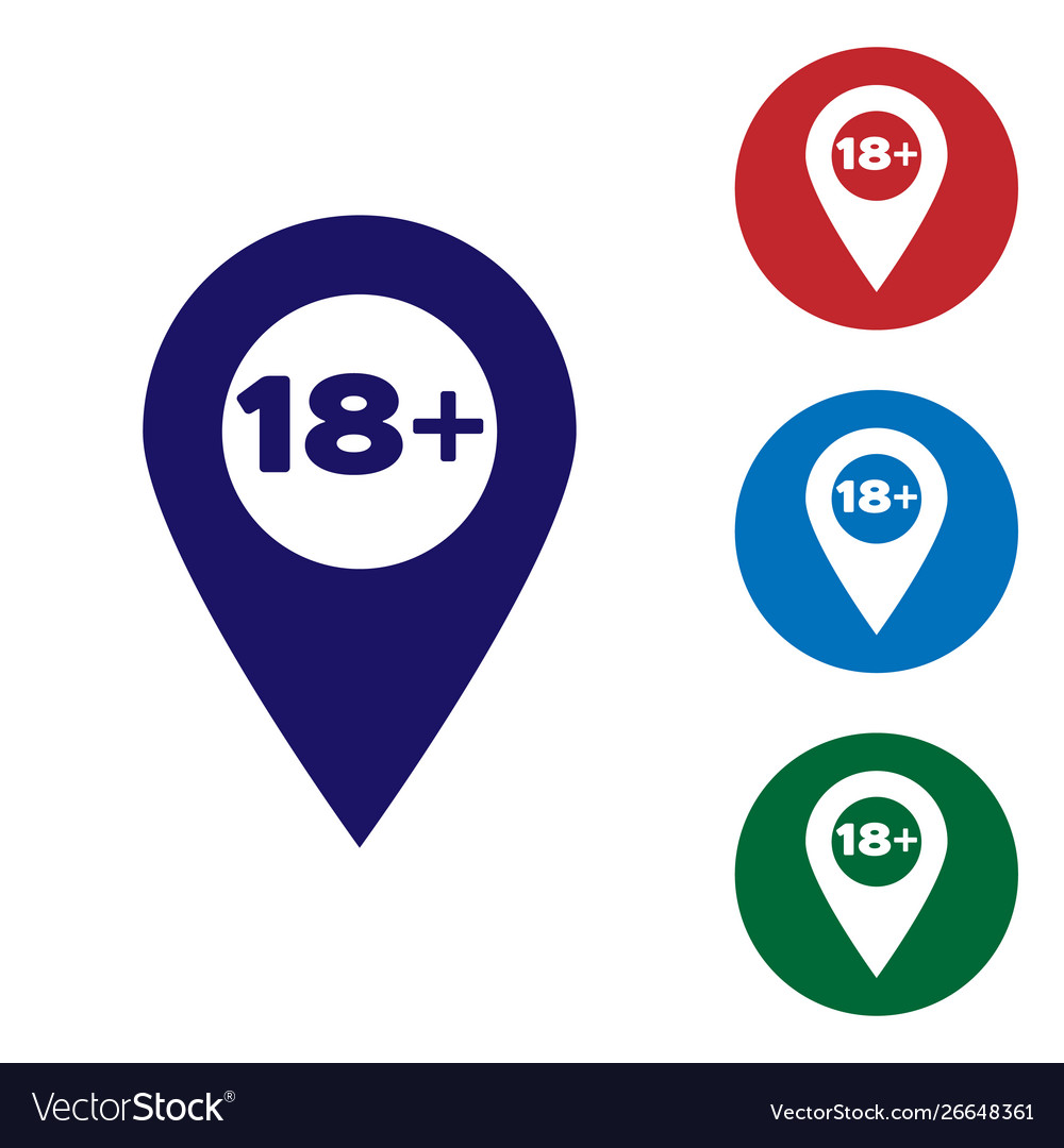 Blue map pointer with 18 plus icon isolated