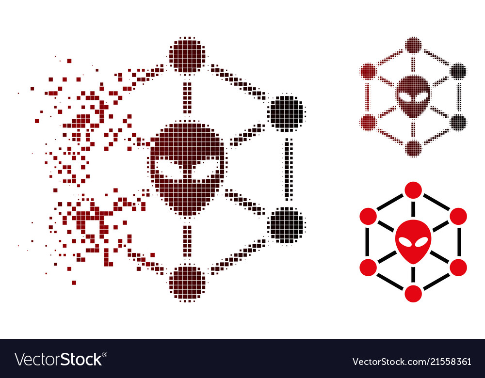 Dissolved pixel halftone alien network icon vector image Dissolved pixel halftone alien network icon